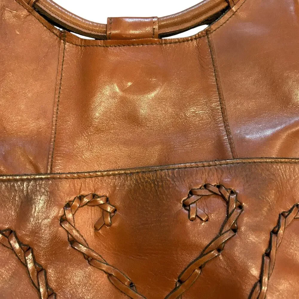 Vintage 80s Cognac Leather Hobo Shoulder Bag Whipstitch Heart Embroidery